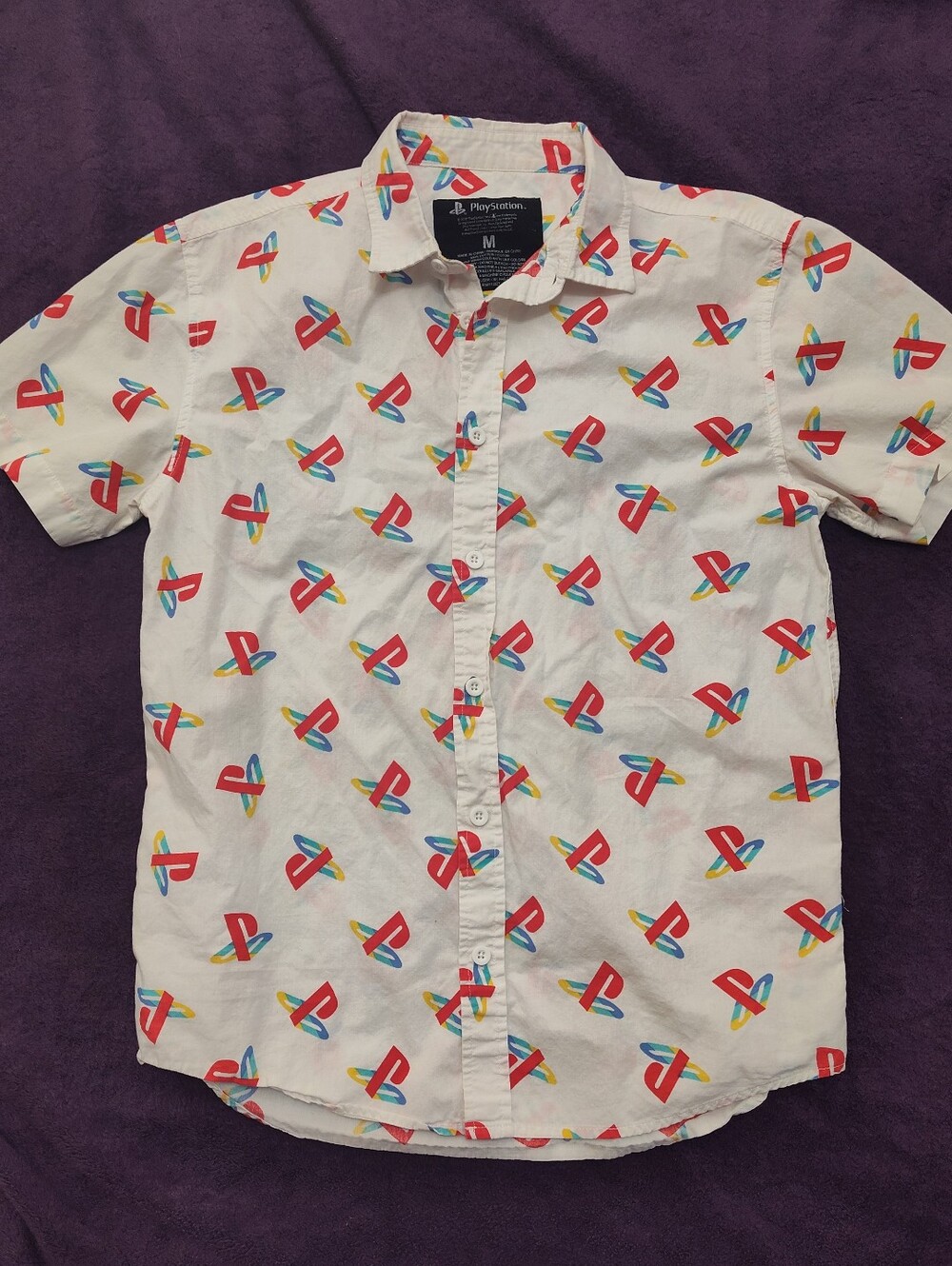 Retro PlayStation Shirt Logo All Over Button Down Shirt Men's White 2018 Size M